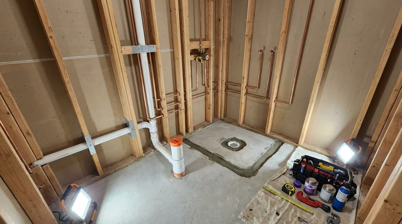 Bathroom rough-in plumbing during remodel by Johns Plumbing LLC in Astoria