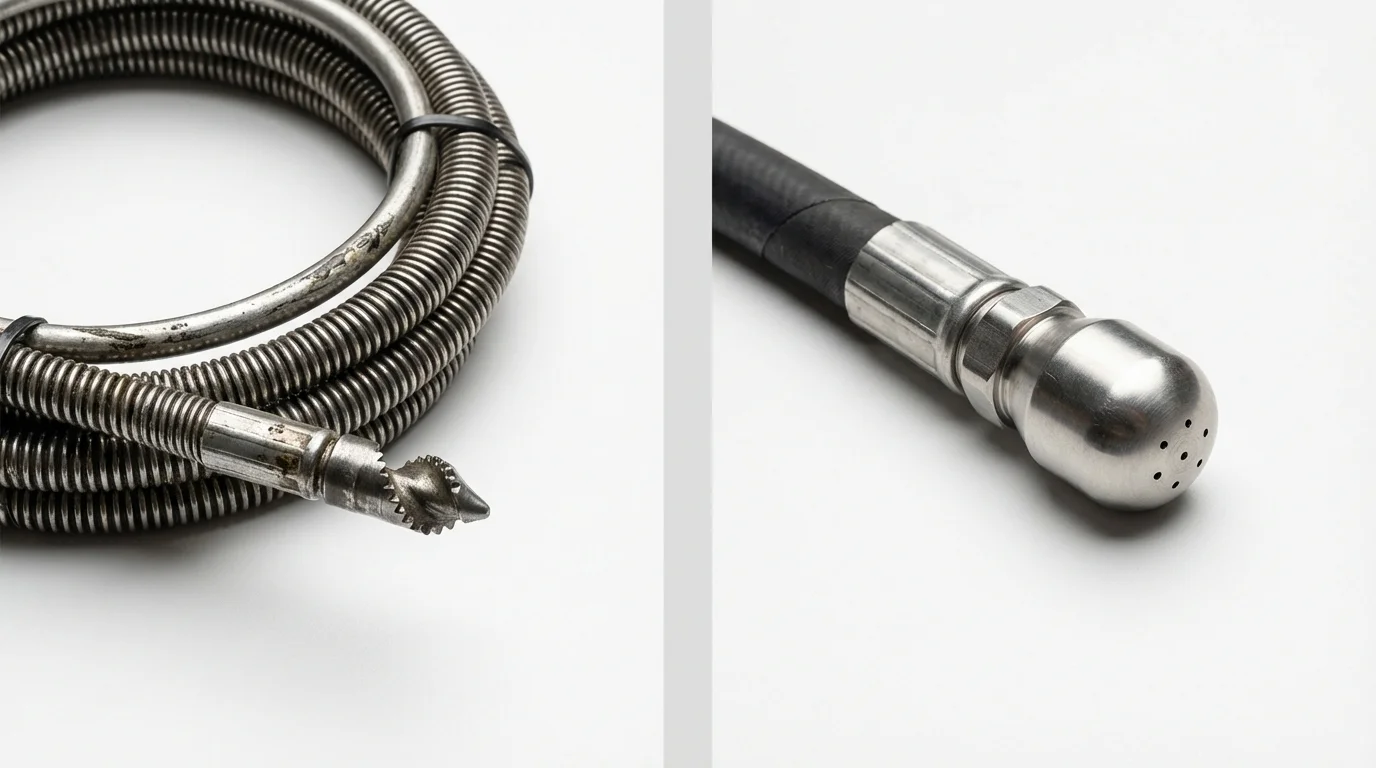 Drain snake cable and hydro jetting nozzle used for drain cleaning in Astoria, IL