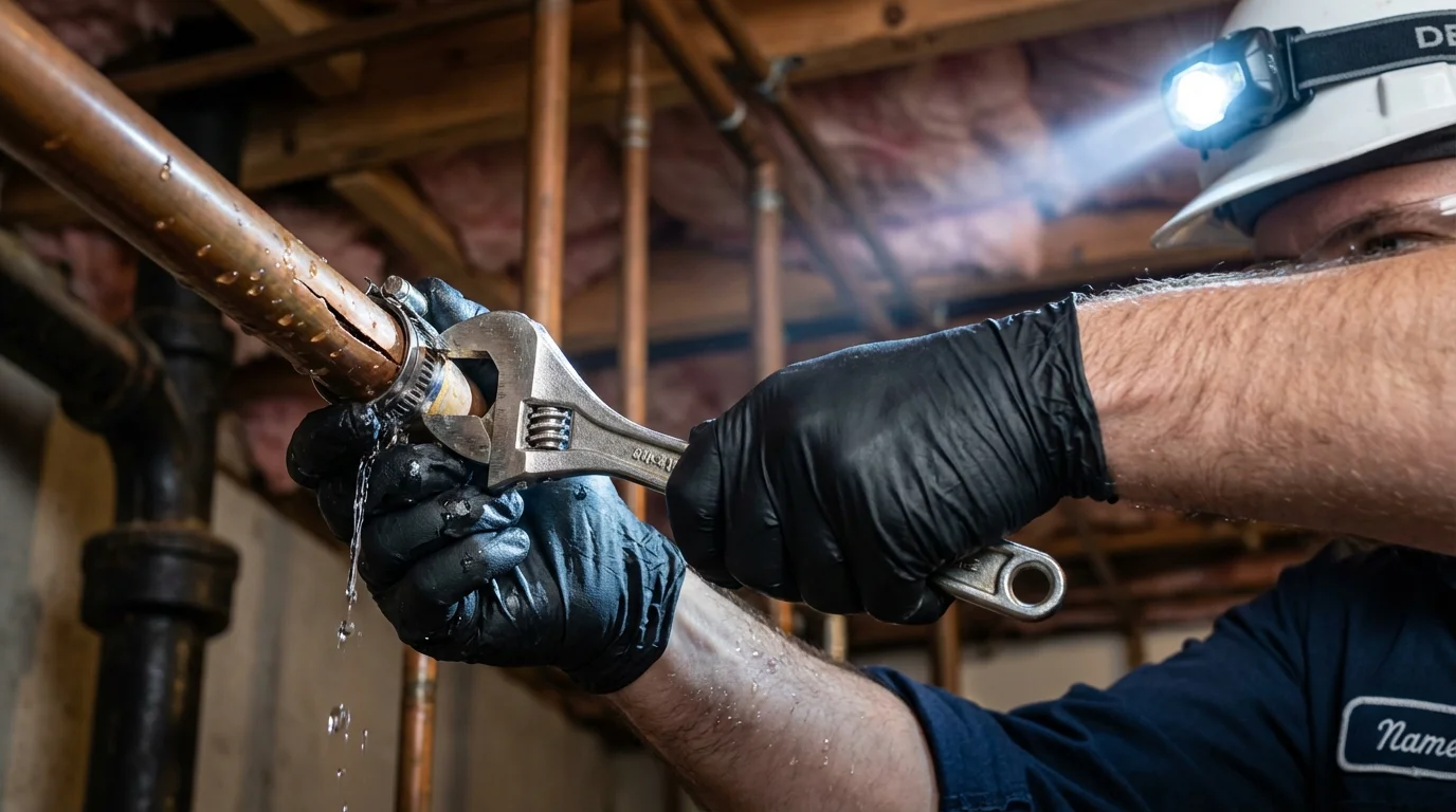 Emergency pipe clamp repair being performed by a Johns Plumbing LLC plumber in Astoria