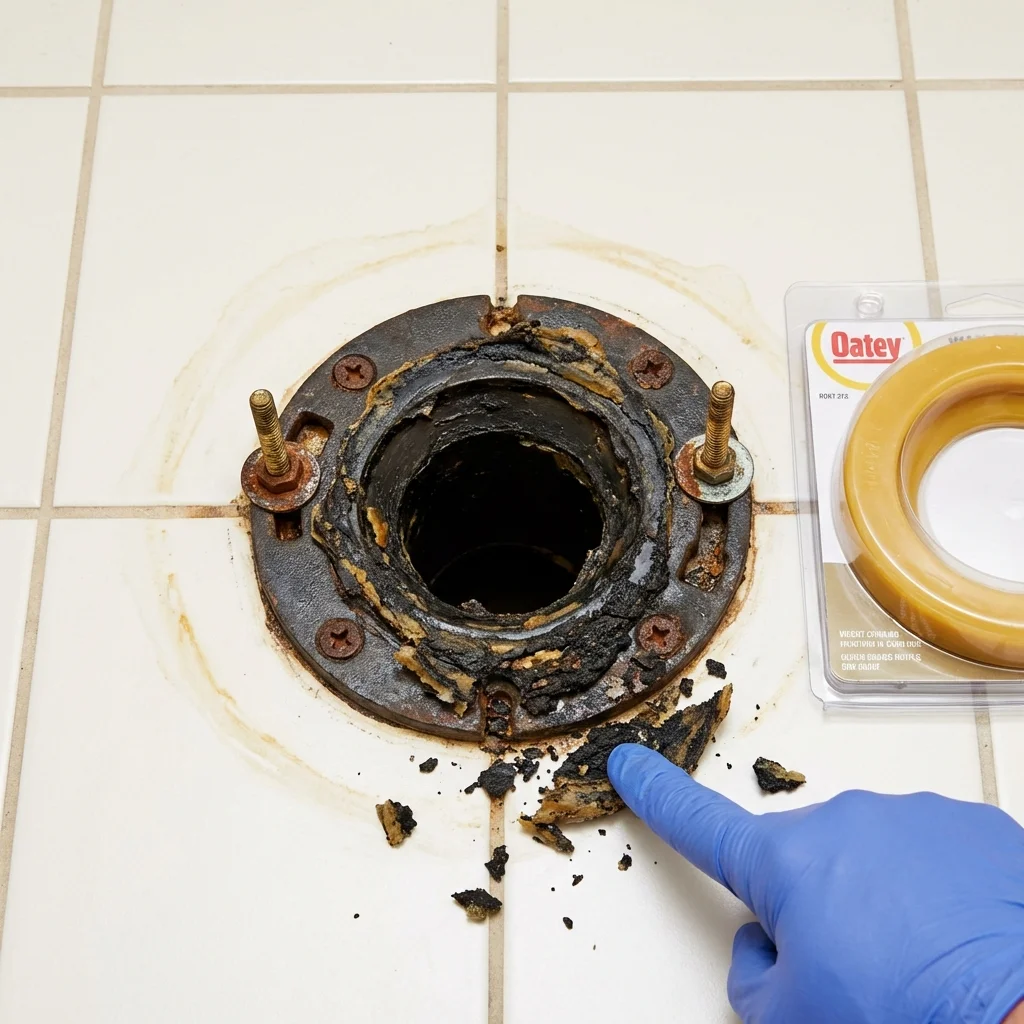Failed wax ring showing water seepage at the base of a toilet in a Astoria, IL home
