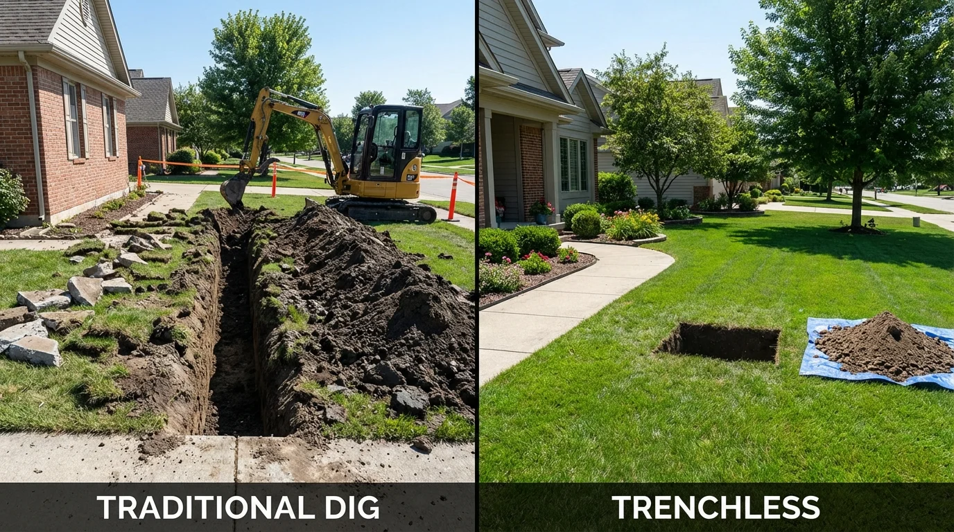 Trenchless sewer repair with minimal yard damage versus traditional excavation in Astoria, IL