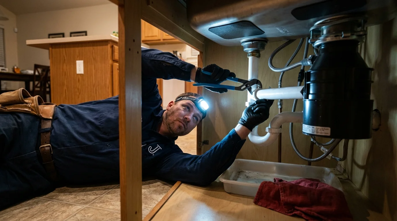 P-trap and supply line connections under a kitchen sink showing a common leak point in Astoria, IL